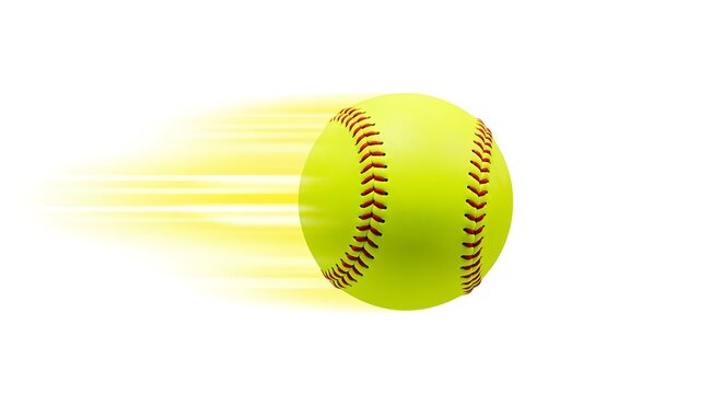 Fast moving yellow softball isolated on white background
