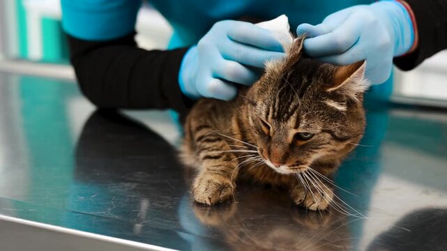Cat at veterinary clinic having check up by the vet doctor