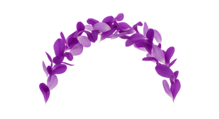 Purple Floral Archway Decoration with Lush Green Leaves Against a White Background