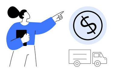 Woman holding a tablet and pointing toward a large dollar sign with a delivery truck nearby. Ideal for logistics, e-commerce, savings, financial planning, shipping, business, retail. Simple flat