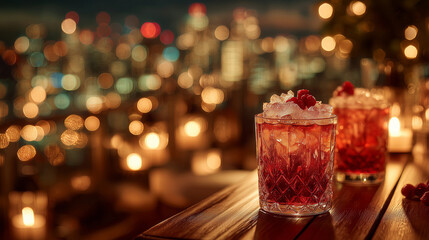 Elegant Cocktails on a Rooftop Bar Table Overlooking City Lights in a Nighttime Ambiance. Image made using Generative AI.