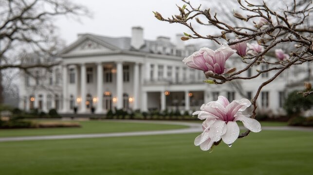 Delicate pink blossoms on a branch frame a large classical estate on a damp day