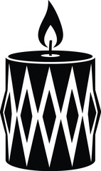 Lit ornamental candle with diamond pattern icon, glowing flame, spiritual decorative element