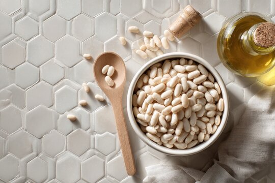 Delicious white beans in a bowl with olive oil for healthy vegan cooking inspiration or a vibrant food blog
