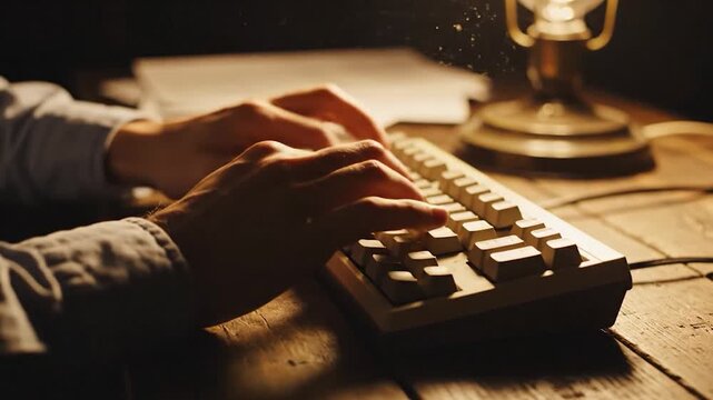 Person typing on vintage computer keyboard at night with warm light on wooden desk