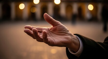 Close-up of outstretched hand seeking assistance in warm evening light