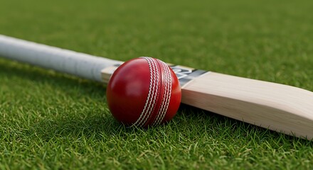 Cricket ball and bat resting on green grass