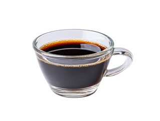 Clear glass cup filled with hot black coffee, isolated on transparency background, showing rich dark liquid and inviting aroma, perfect for morning energy and relaxation