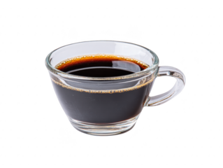 Clear glass cup filled with hot black coffee, isolated on transparency background, showing rich dark liquid and inviting aroma, perfect for morning energy and relaxation
