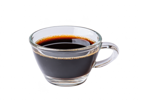 Clear glass cup filled with hot black coffee, isolated on transparency background, showing rich dark liquid and inviting aroma, perfect for morning energy and relaxation