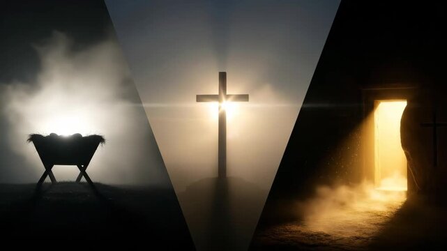 The christian holy trinity of nativity, crucifixion, and resurrection on Christmas, Good Friday, and Easter