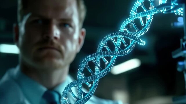 Focused scientist man carefully observing bright blue glowing DNA helix structure in a futuristic laboratory for medical research and biotechnology innovation development.