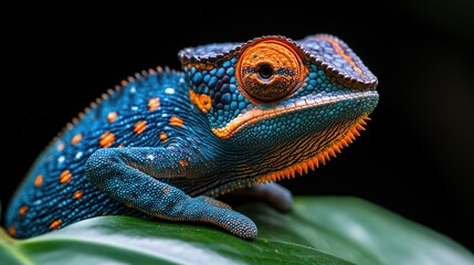 Close - up of a Colorful Chameleon with Blue and Orange Patterns on a Green Leaf