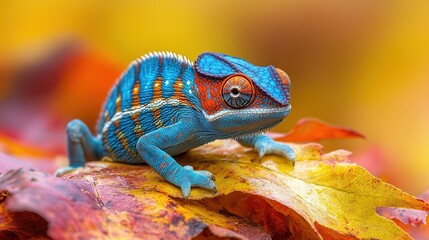 Close - up of a Colorful Chameleon on Autumn Leaves