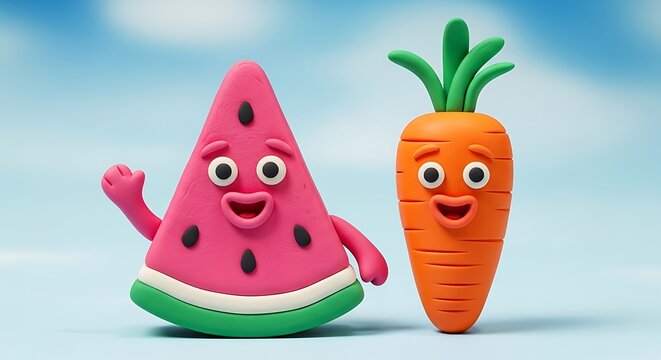 Playful Claymation Watermelon and Carrot Characters with Expressive Faces.