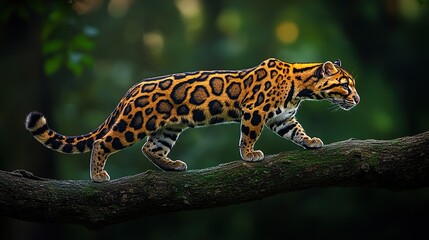 Clouded Leopard Walking on Tree Branch in Forest