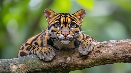 Close - up of a Clouded Leopard Cub Resting on a Branch with a Blurred Green Background