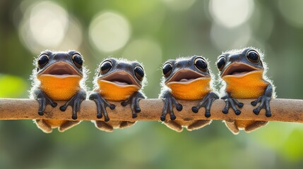 Four Frogs Perched on a Branch with Open Mouths