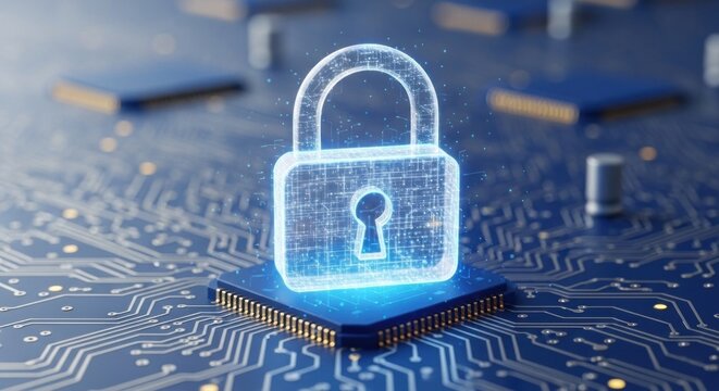 A glowing, futuristic padlock symbol on a blue circuit board background.