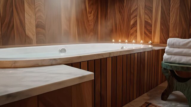 Luxurious bathroom setup with soft candles and relaxing ambiance perfectly captures the essence of a spa experience, ideal for conceptualizing wellness, self care, or pampering themes in your.