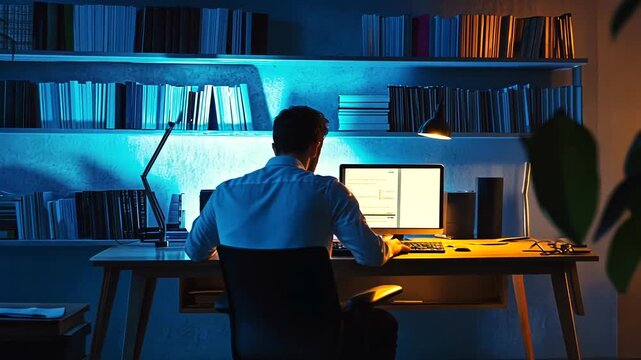 Back view of person working at illuminated desk in office setting