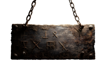Ancient weathered wooden sign hanging by rusty chains with mysterious carved symbols, evoking history and secrets