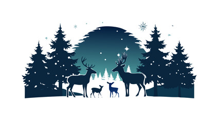 Deer family standing in a snowy pine forest under stars, calm Christmas night silhouette with peaceful nature feel