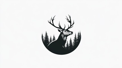 Stag Head Silhouette with Pine Trees in Circular Design