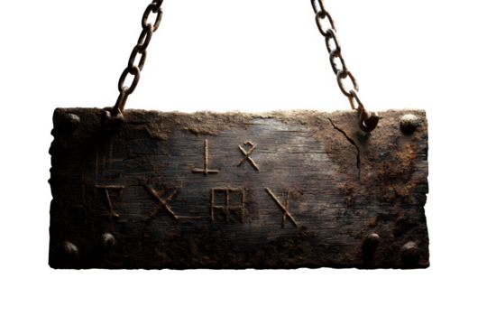Ancient weathered wooden sign hanging by rusty chains with mysterious carved symbols, evoking history and secrets