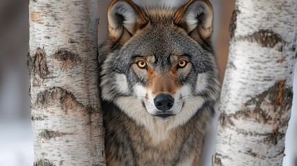 Gray Wolf Peeking Through Birch Trees in a Wintry Forest