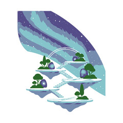 Floating Islands with Staircase and Trees in a Dreamy Landscape.