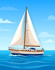 Fototapeta premium Animated sailboat sailing on blue ocean waters under a clear sky