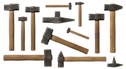 Collection of vintage hammers isolated on transparent background
