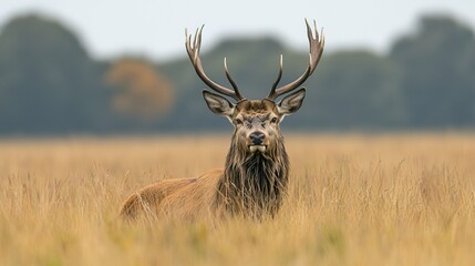 Red Deer Stag in a Golden Field with Large Antlers