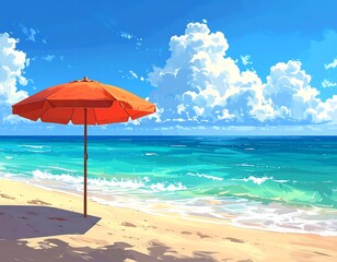 Cartoon beach scene orange parasol, ocean, clouds, and sunny sky