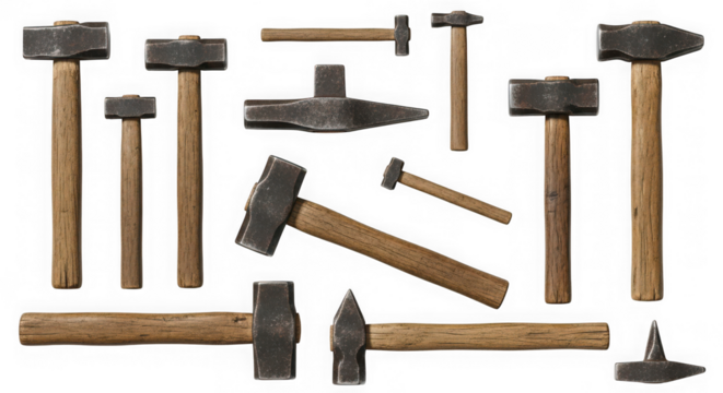 Collection of vintage hammers isolated on transparent background