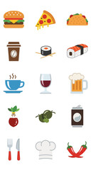 Food and Drink Icons - Burger, Pizza, Taco, Coffee, Sushi, Wine, Beer, and More.