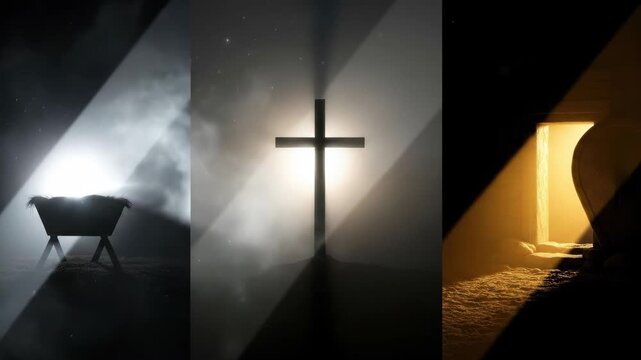 Nativity scene with manger, shining cross, and empty tomb, depicting the birth, crucifixion, and resurrection of Jesus Christ.