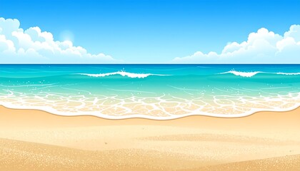 Cartoon beach scene sunny sky, turquoise ocean, sandy shore