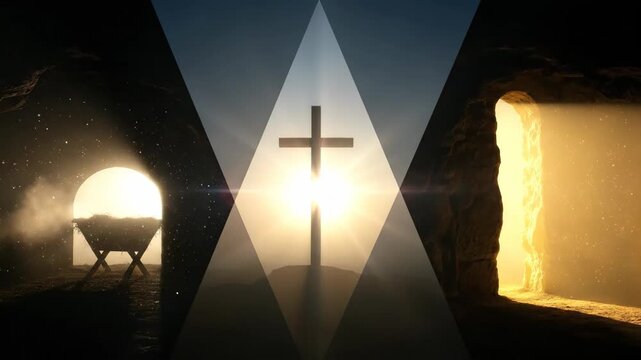 Nativity manger, crucifixion cross and empty tomb symbolizing Christianity's journey from birth to resurrection, abstract religious concept.