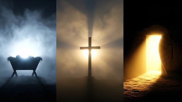 Christian narrative from nativity to resurrection shown with manger, cross, and empty tomb under dramatic light for religious concept.