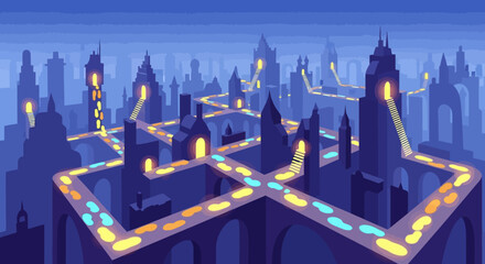 Futuristic Cityscape with Illuminated Pathways and Towering Structures.