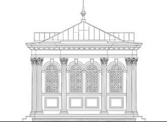 Classical building elevation, black and white vector, Corinthian columns, arched windows, ornate facade, architectural drawing, symmetrical design, historical architecture