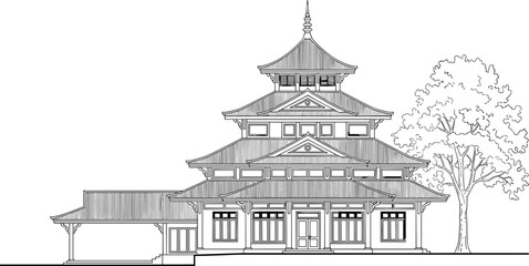Pagoda elevation drawing, black and white vector, multi-tiered structure, East Asian architecture, curved eaves, symmetrical facade, traditional building design