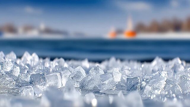 Frozen Cubes: A close-up showcases a collection of ice cubes glistening with crystalline clarity, against the backdrop of a soft, blurred landscape.
