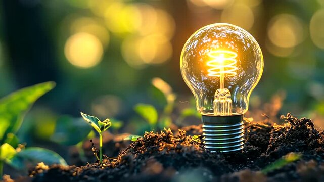 Close-up of a glowing light bulb planted in rich soil beside young green plants