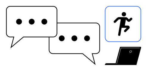 Speech bubbles, a running figure, and a laptop highlight communication, activity, and tech connectivity. Ideal for messaging, teamwork, mobility, fitness collaboration virtual solutions simple