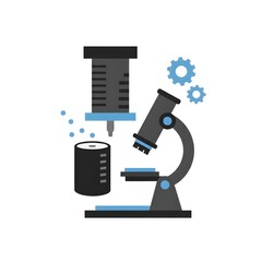A microscope alongside a glass container, with a blue backdrop.