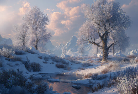 Winter Scene, with snow, trees and wilderness. Forest at christmas