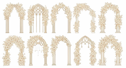 A set of elegant floral wedding arches with classic architectural design elements, a vector illustration